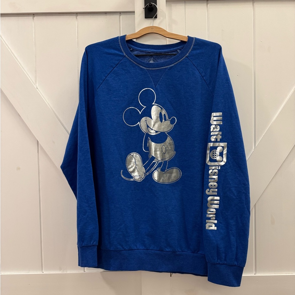 Walt Disney World Mickey Mouse Metallic Silver Pullover Crewneck Blue Sweatshirt
